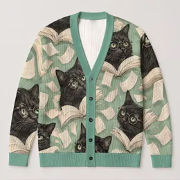 Black Cats Reading Open Books for Cozy Bookish Fall Days and Quiet Library Lovers All-over Print Knitted Cardigan