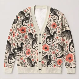 Black Dragons and Coral Wildflowers for Whimsical Fall Days and Cozy Teen Style All-over Print Knitted Cardigan