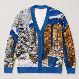 Snowy Bookshop Street Scene for Cozy Winter Outings and Everyday Layering Style All-over Print Knitted Cardigan