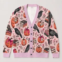 Pink Pumpkin Skull Crow Books Halloween Autumn Layering for Teens All-over Print Knitted Cardigan