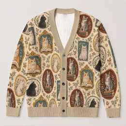 Vintage Framed Reading Cats for Back to School Library Days and Cozy Autumn Study Style All-over Print Knitted Cardigan