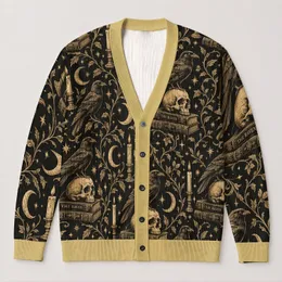 Raven Skull Moon and Candle Motifs for Dark Academia Nights and Autumn Reading Style All-over Print Knitted Cardigan