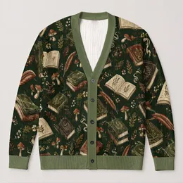 Antique Books and Mushrooms for Halloween Dark Academia Study Style All-over Print Knitted Cardigan