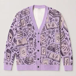 Book Coffee Doodle Motifs for Cozy Reading Days and Book Club Gatherings for Readers All-over Print Knitted Cardigan