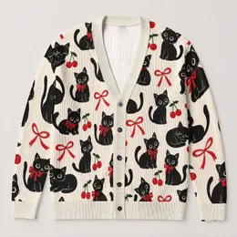 Black Cat Cherry Bow Style for Cozy Halloween and Autumn Everyday Outfits All-over Print Knitted Cardigan