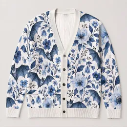 Watercolor Blue Bat And Floral Motifs For Casual Everyday Fall Layering Teen Style All-over Print Knitted Cardigan