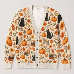 Watercolor Autumn Pumpkins, Black Cats And Books For Cozy Fall Reading Days At Home All-over Print Knitted Cardigan