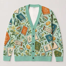 Books, Chocolate and Cottagecore Study Motifs for Back to School Everyday Style All-over Print Knitted Cardigan