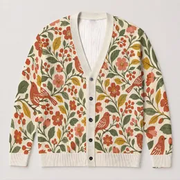 Folk Art Birds, Berries And Wildflowers For Cozy Autumn Cottagecore Style All-over Print Knitted Cardigan