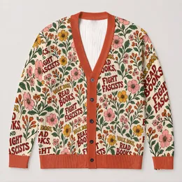 Retro Floral Read Books Walk Dogs Slogan for Cozy Autumn Everyday Layering All-over Print Knitted Cardigan