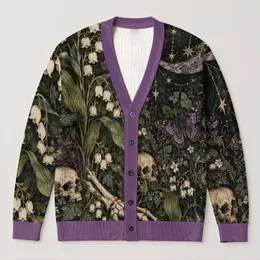 Gothic Skull Lily Of The Valley Moon For Dark Autumn Layering All-over Print Knitted Cardigan