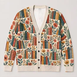 Vintage Books And Flowers For Cozy Autumn Reading And Everyday Layering All-over Print Knitted Cardigan