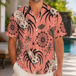 Spider Cat Tattoo Style Floral Motifs for Vacation Outings and Alternative Fashion Fans Hawaiian Shirt