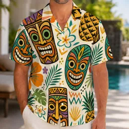 Tiki Masks, Pineapples And Tropical Flowers For Resort Vacations And Beach Weekends Hawaiian Shirt