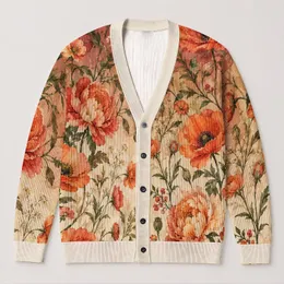 Vintage Watercolor Orange Wildflowers for Cozy Autumn Layering and Everyday Bohemian Style All-over Print Knitted Cardigan