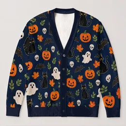 Halloween Pumpkins, Black Cats and Ghosts for Cozy Autumn Festivities and Parties All-over Print Knitted Cardigan