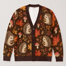 Autumn Hedgehogs And Maple Leaves For Cozy Woodland Days And Fall Outings All-over Print Knitted Cardigan