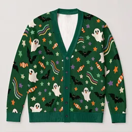 Halloween Ghost Bat Candy Stars for Cozy October Celebrations and Festive Layering All-over Print Knitted Cardigan