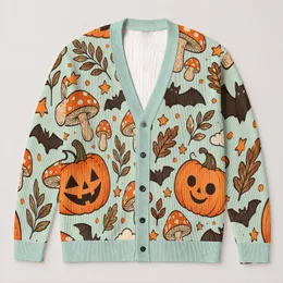 Whimsical Pumpkins, Bats & Toadstools for Cozy Halloween Layering and Autumn Days All-over Print Knitted Cardigan