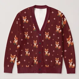 Seated Foxes and Tiny Folk Motifs for Cozy Autumn Outings and Everyday Wear All-over Print Knitted Cardigan