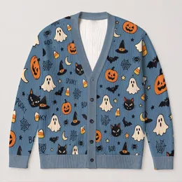 Halloween Ghosts, Black Cats and Pumpkins for Cozy Autumn Celebrations and Fall Wear All-over Print Knitted Cardigan