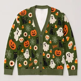 Spooky Ghosts, Black Cats & Pumpkins for Cozy Autumn Halloween Nights and Parties All-over Print Knitted Cardigan