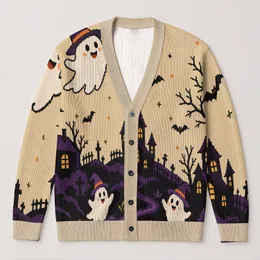 Haunted Village Ghosts and Pumpkins for Cozy Autumn Halloween Celebrations at Home All-over Print Knitted Cardigan