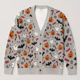 Cute Halloween Bats, Ghosts and Pumpkins for Cozy Autumn Everyday Layering All-over Print Knitted Cardigan