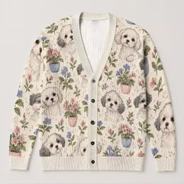 Watercolor Puppy And Potted Flower Motifs For Relaxed Everyday Outings For Women All-over Print Knitted Cardigan