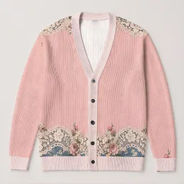 Blue Rose Lace and Blush Color Blocking for Romantic Everyday Layering and Vintage Style All-over Print Knitted Cardigan