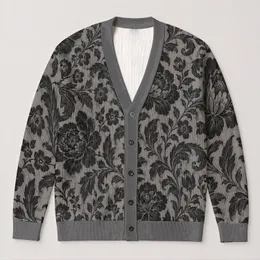 Gray Black Floral Jacquard Motifs for Cozy Autumn Layering and Vintage Everyday Style All-over Print Knitted Cardigan