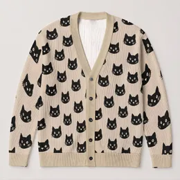 Black Cat Faces on Warm Beige for Cozy Autumn Days and Everyday Feline-Lover Style All-over Print Knitted Cardigan