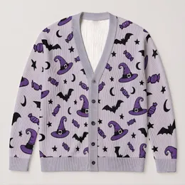 Witch Hats Bats Stars and Candy for Halloween Parties and Autumn Nights All-over Print Knitted Cardigan