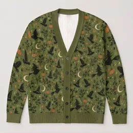 Witch Crow Pumpkin Halloween Motifs for Cozy Autumn Everyday Layering All-over Print Knitted Cardigan