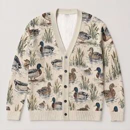 Vintage Mallard Ducks and Water Ripples for Autumn Countryside Outings All-over Print Knitted Cardigan