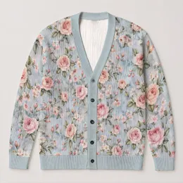 Blush Rose Garden Florals for Coastal Everyday Style and Relaxed Weekend Layering All-over Print Knitted Cardigan
