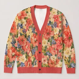 Coral Wildflower Floral for Cozy Autumn Layering and Everyday Wear All-over Print Knitted Cardigan