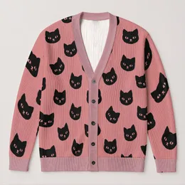 Black Cat Faces on Dusty Rose for Cozy Everyday Autumn Layering All-over Print Knitted Cardigan