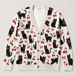 Black Cat And Cherry Motifs For Playful Halloween Autumn Everyday Style All-over Print Knitted Cardigan