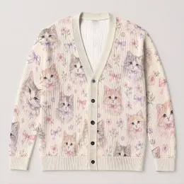 Pastel Kitten and Ribbon Motifs for Cozy Autumn Layering and Whimsical Everyday Style All-over Print Knitted Cardigan