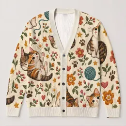Playful Calico Cats and Garden Flowers for Cozy Halloween Autumn Everyday Layering All-over Print Knitted Cardigan