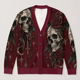 Gothic Skull and Rose Motifs for Autumn Layering and Everyday Alternative Style All-over Print Knitted Cardigan