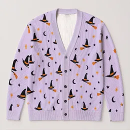 Witch Hats, Brooms, Moons and Stars for Cozy Autumn Nights and Halloween Fans All-over Print Knitted Cardigan