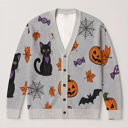 Halloween Pumpkins, Black Cat And Bats For Cozy Autumn Celebrations All-over Print Knitted Cardigan
