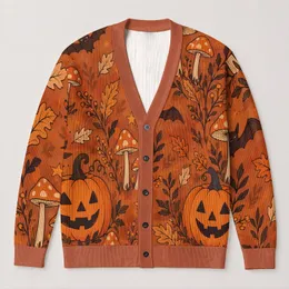 Pumpkins Bats and Mushrooms for Cozy Halloween Autumn Layering All-over Print Knitted Cardigan