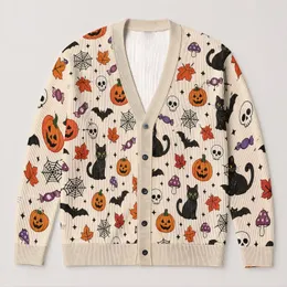 Halloween Cat, Pumpkin and Bat Motifs for Cozy Autumn Layering All-over Print Knitted Cardigan