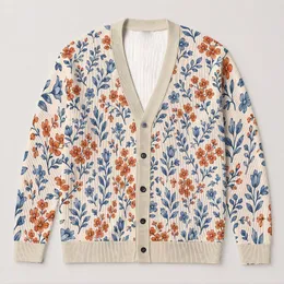 Blue and Rust Botanical Florals for Relaxed Cottage Days and Bookish Weekend Style All-over Print Knitted Cardigan