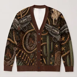 Rope Wheel Cowboy Western Motifs for Autumn Ranch Nights and Casual Country Style All-over Print Knitted Cardigan