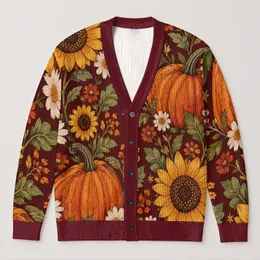 Sunflowers, Daisies & Harvest Pumpkins for Cozy Autumn Outings and Seasonal Layering All-over Print Knitted Cardigan