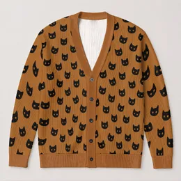 Black Cat Faces on Caramel for Cozy Autumn Outfits and Everyday Layering All-over Print Knitted Cardigan